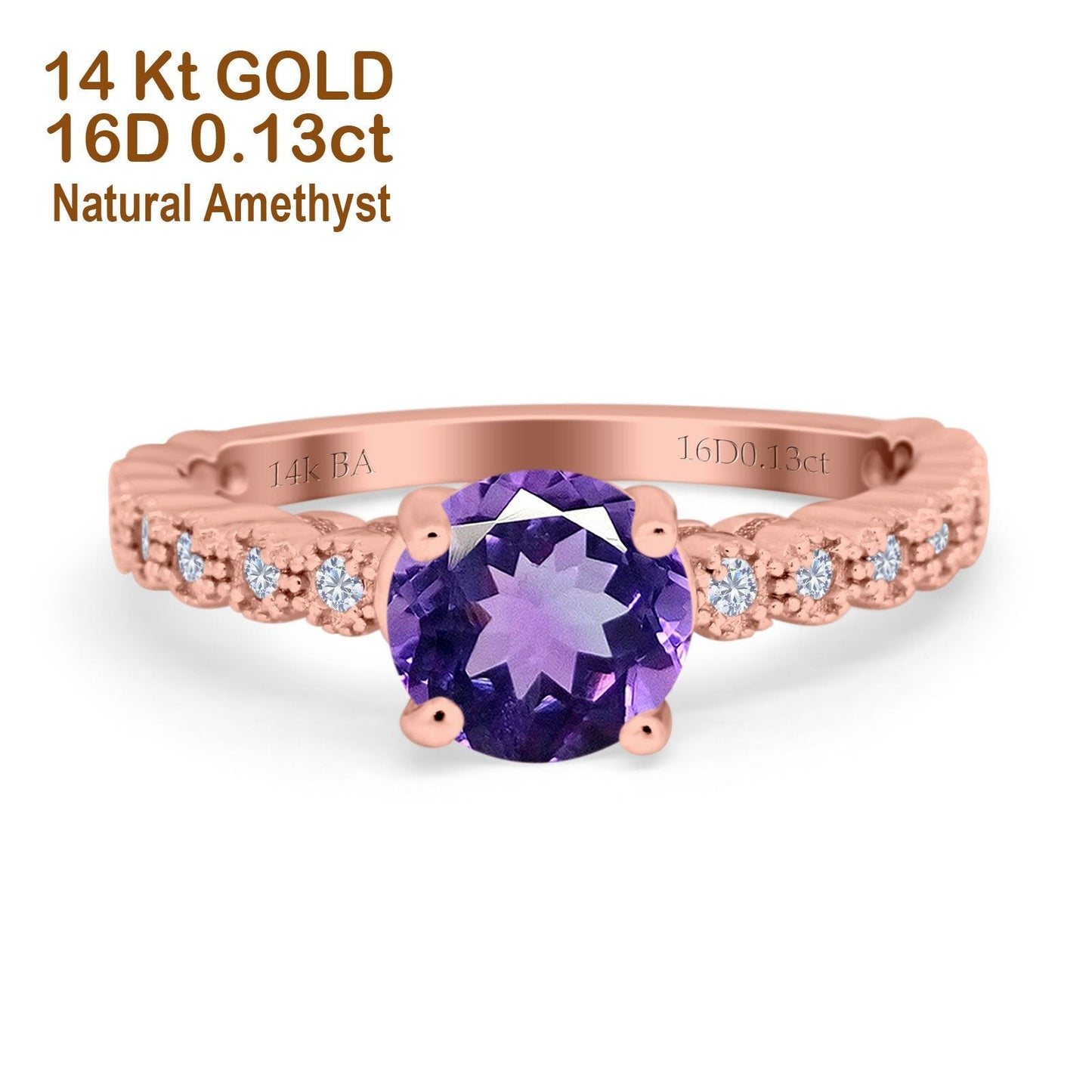 14K Rose Gold 1.16ct Round 6.5mm G SI Natural Amethyst Diamond Engagement Wedding Ring Size 6.5