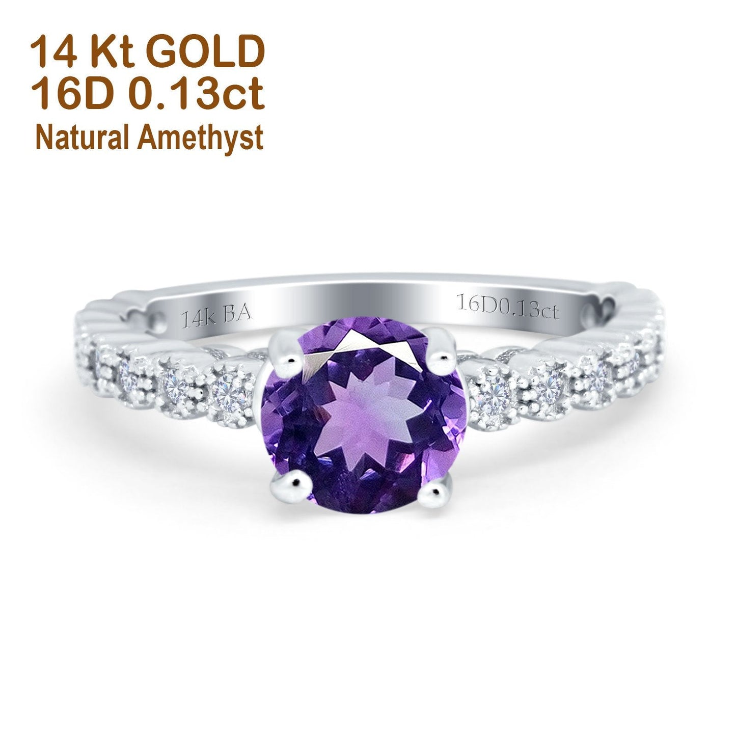 14K White Gold 1.16ct Round 6.5mm G SI Natural Amethyst Diamond Engagement Wedding Ring Size 6.5