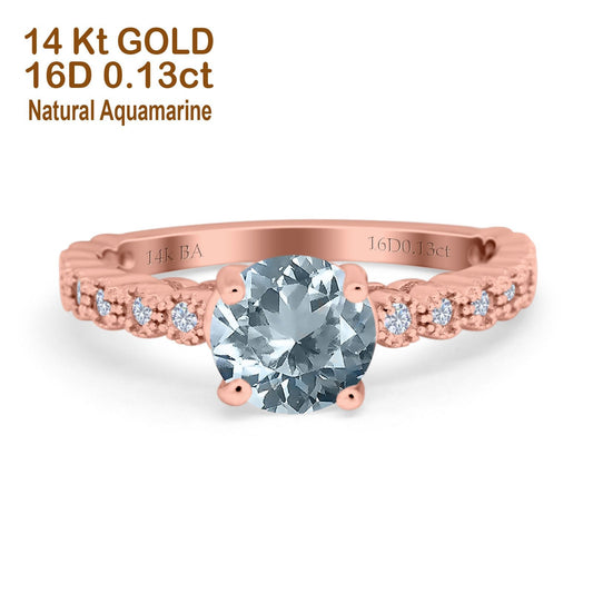 14K Rose Gold 1.16ct Round 6.5mm G SI Natural Aquamarine Diamond Engagement Wedding Ring Size 6.5