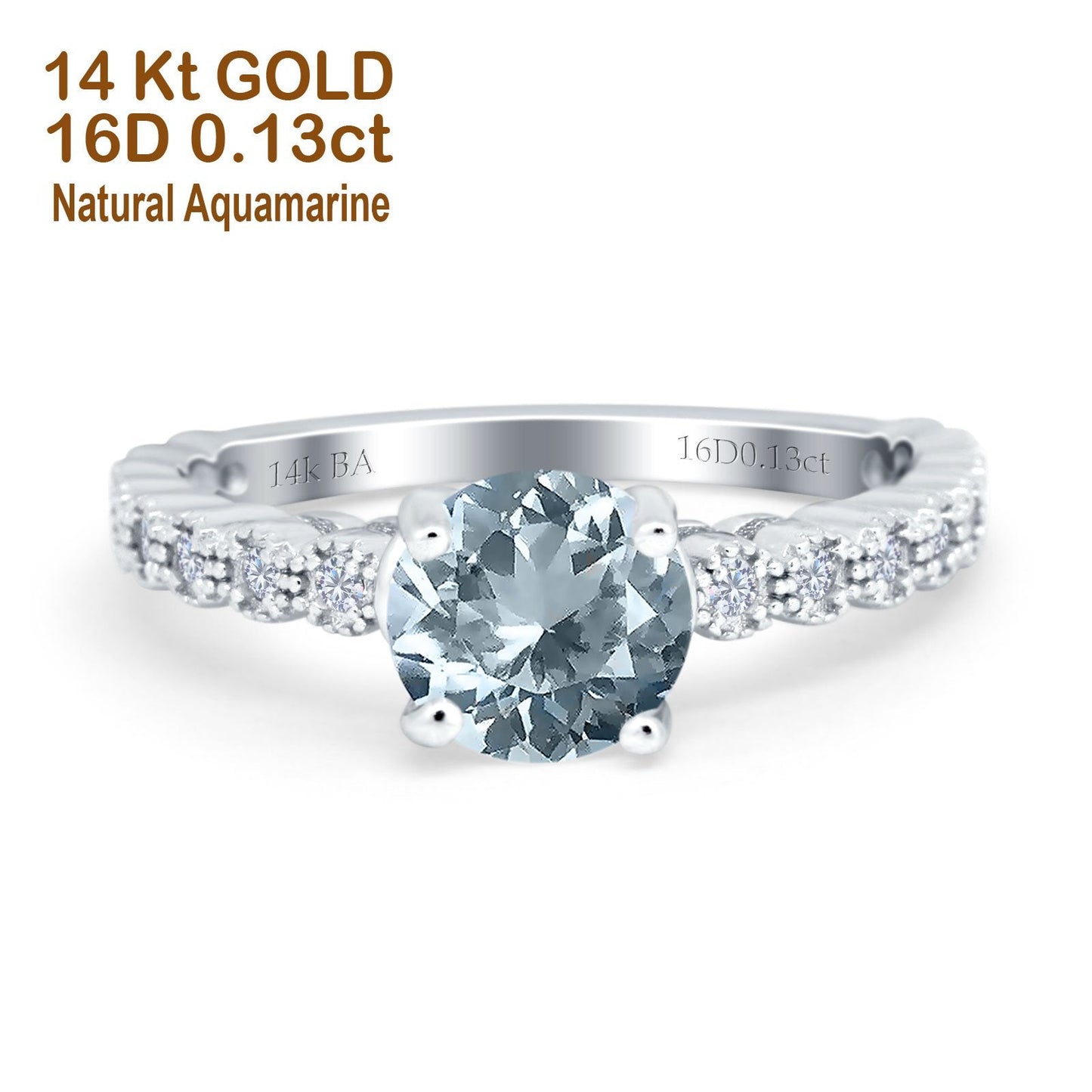 14K White Gold 1.16ct Round 6.5mm G SI Natural Aquamarine Diamond Engagement Wedding Ring Size 6.5