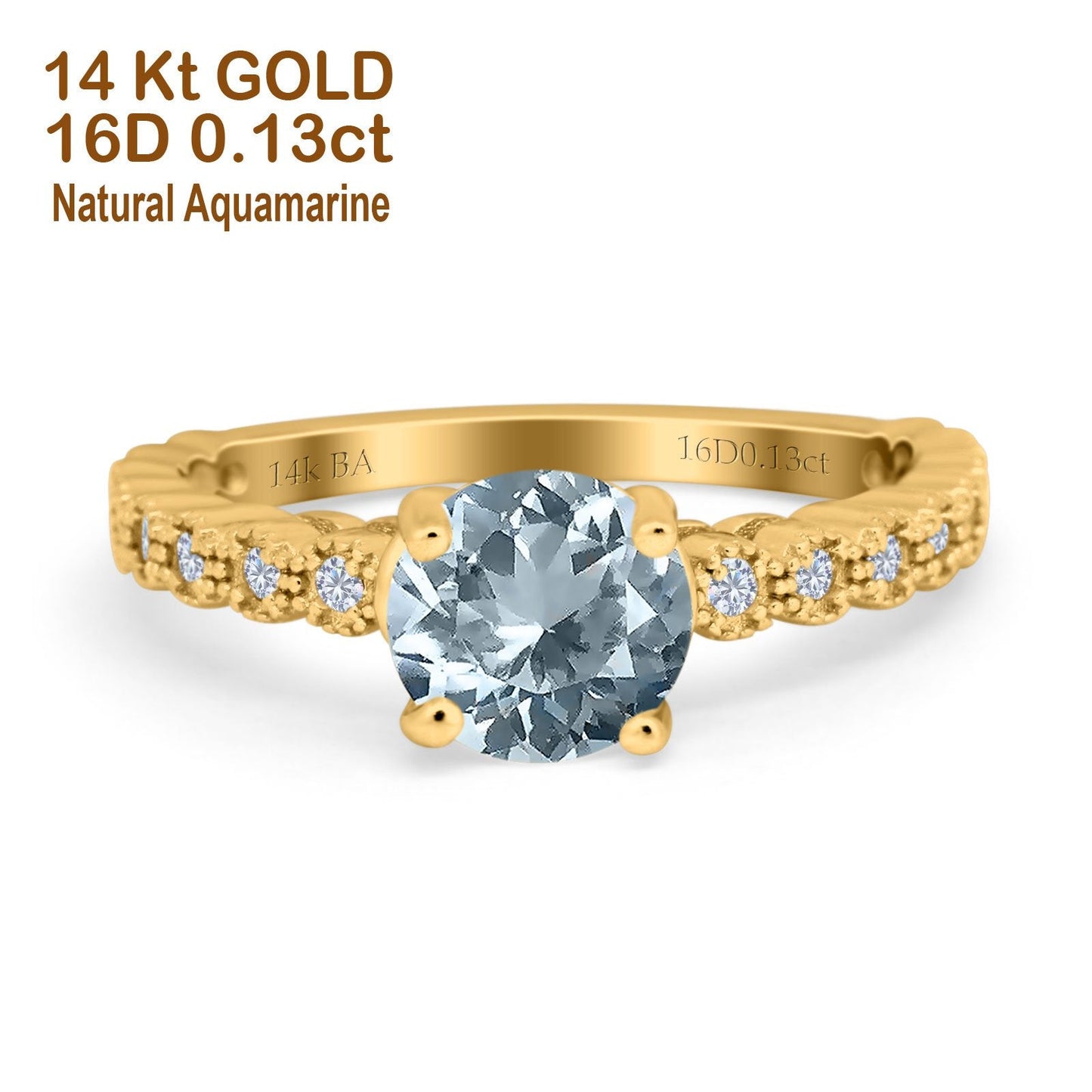 14K Yellow Gold 1.16ct Round 6.5mm G SI Natural Aquamarine Diamond Engagement Wedding Ring Size 6.5