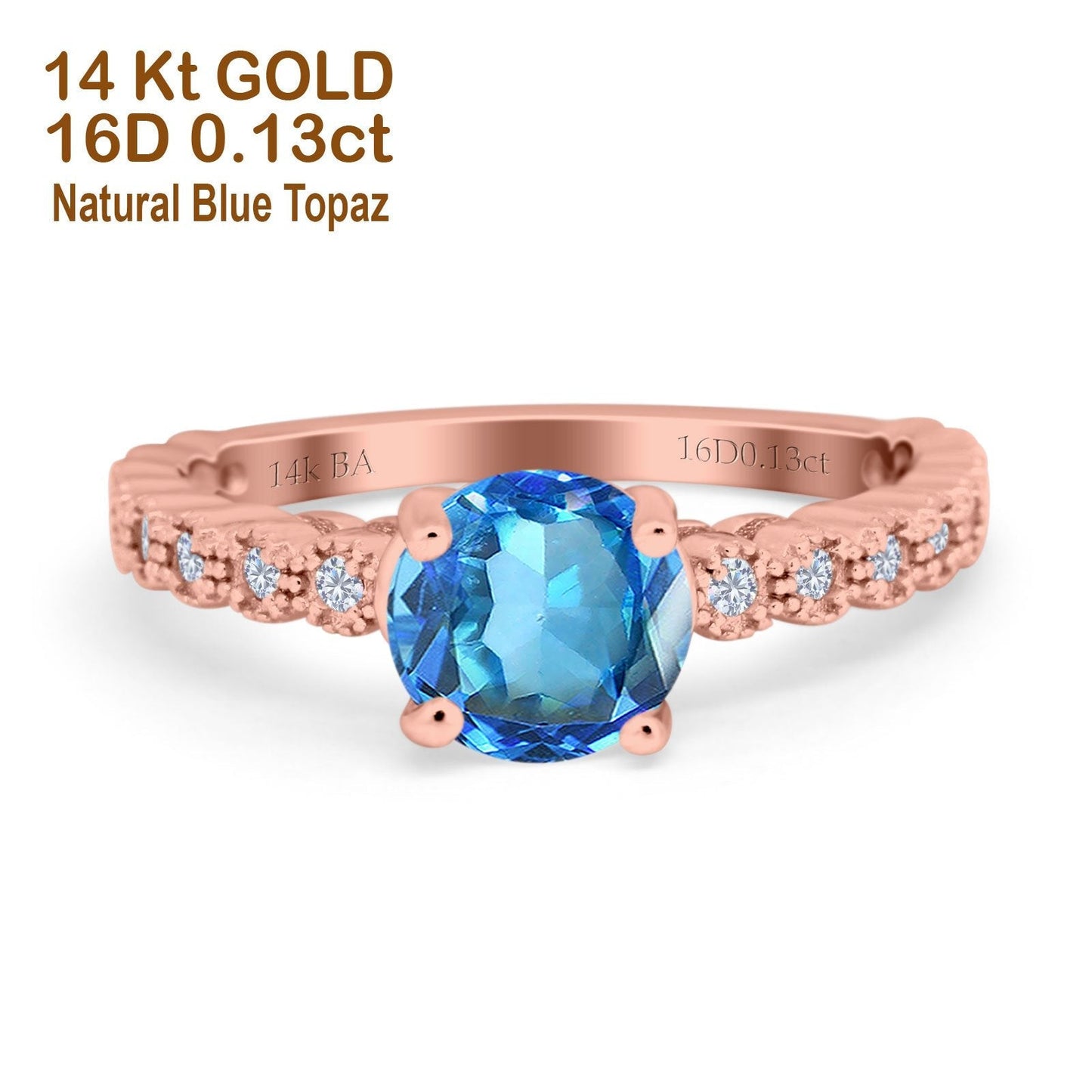 14K Rose Gold 1.16ct Round 6.5mm G SI Natural Blue Topaz Diamond Engagement Wedding Ring Size 6.5