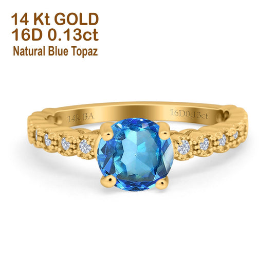 14K Yellow Gold 1.16ct Round 6.5mm G SI Natural Blue Topaz Diamond Engagement Wedding Ring Size 6.5