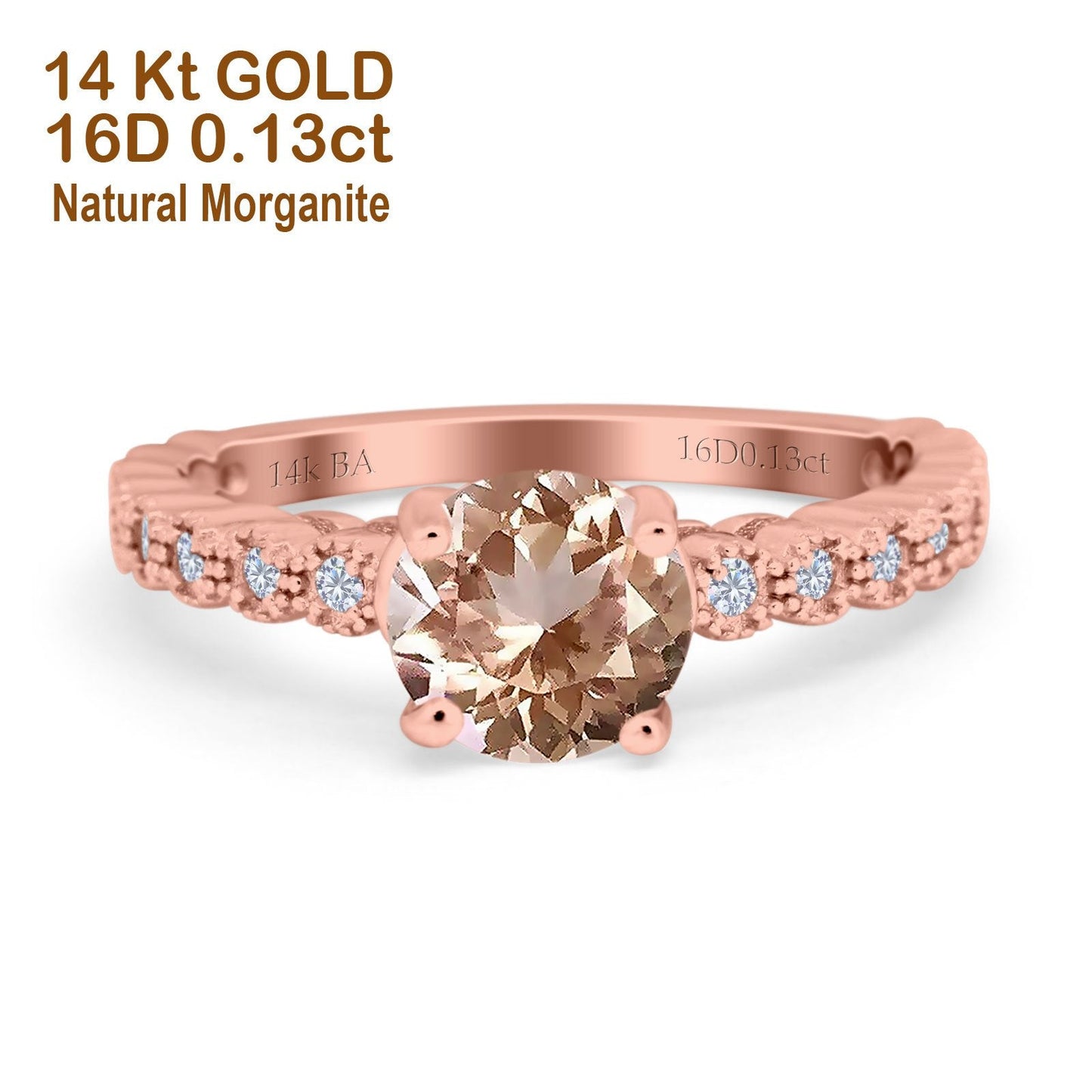 14K Rose Gold 1.16ct Round 6.5mm G SI Natural Morganite Diamond Engagement Wedding Ring Size 6.5