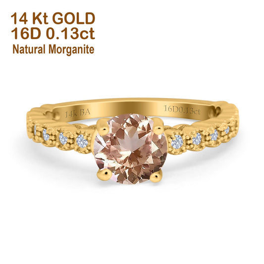 14K Yellow Gold 1.16ct Round 6.5mm G SI Natural Morganite Diamond Engagement Wedding Ring Size 6.5