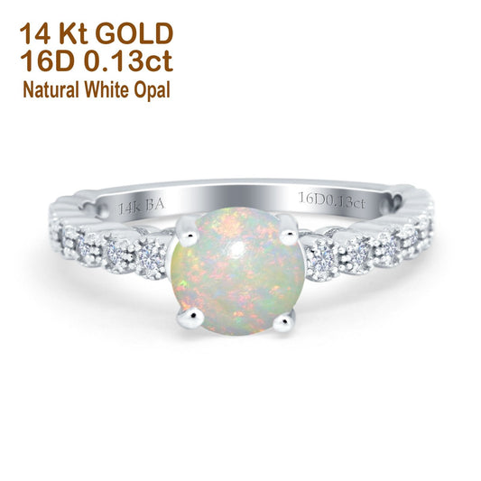 14K White Gold 0.13ct Round 6.5mm G SI Natural White Opal Diamond Engagement Wedding Ring Size 6.5