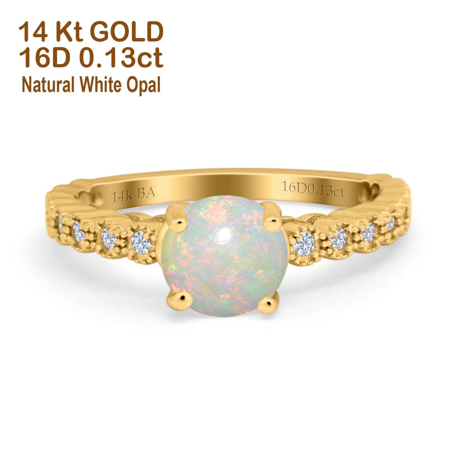 14K Yellow Gold 0.13ct Round 6.5mm G SI Natural White Opal Diamond Engagement Wedding Ring Size 6.5