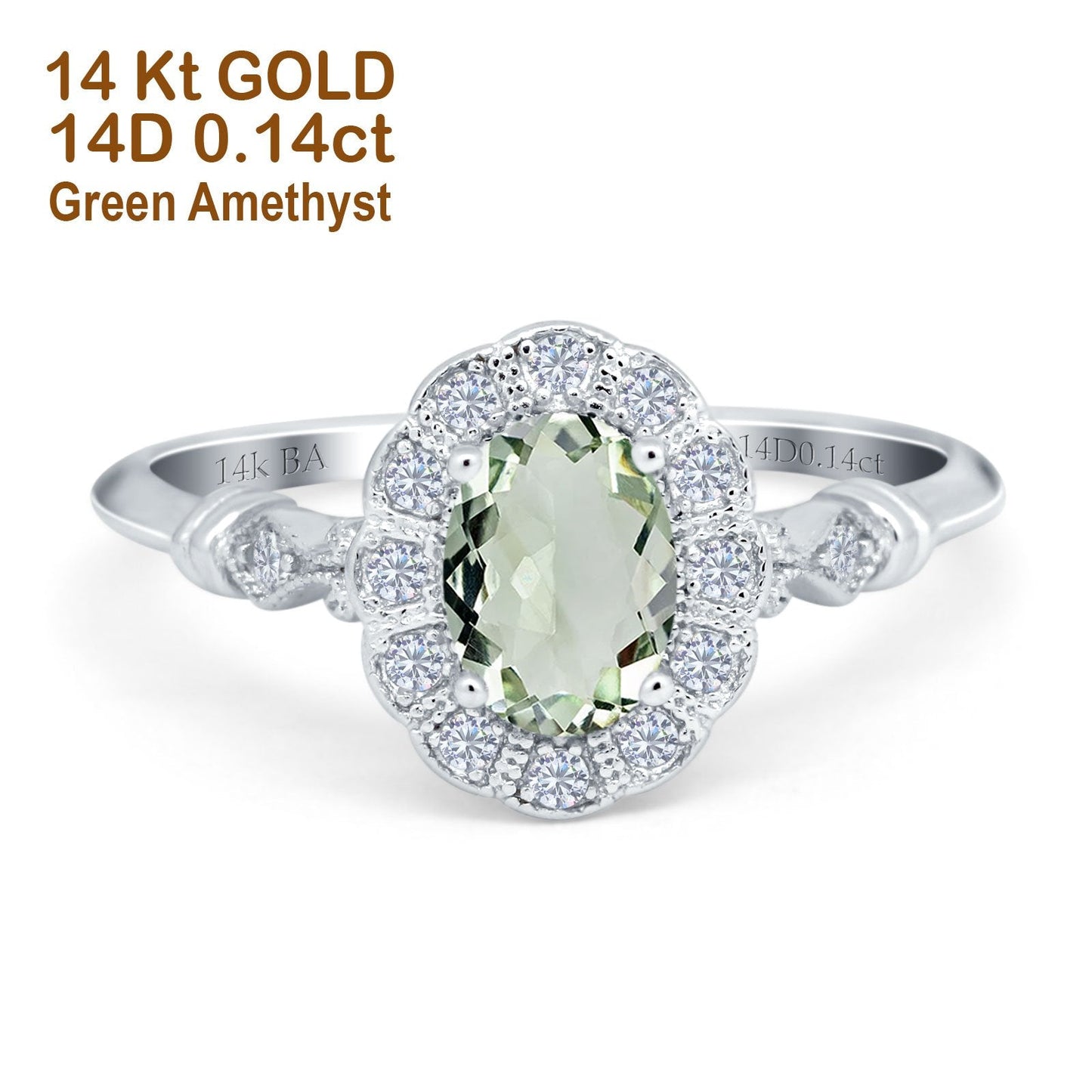 Bague de fiançailles en or blanc 14 carats 0,9 ct ovale 7 mm x 5 mm G SI avec améthyste verte naturelle et diamant, taille 6,5