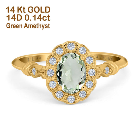 14K Yellow Gold 0.9ct Oval 7mmx5mm G SI Natural Green Amethyst Diamond Engagement Wedding Ring Size 6.5