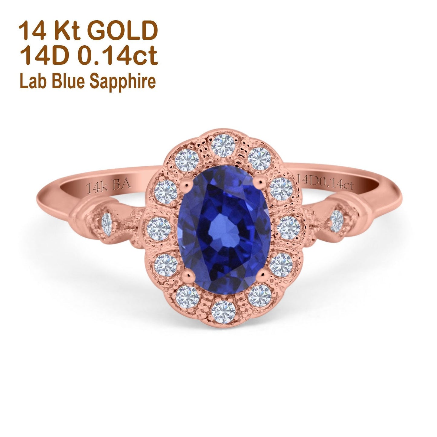 14K Rose Gold 0.9ct Oval 7mmx5mm G SI Nano Blue Sapphire Diamond Engagement Wedding Ring Size 6.5