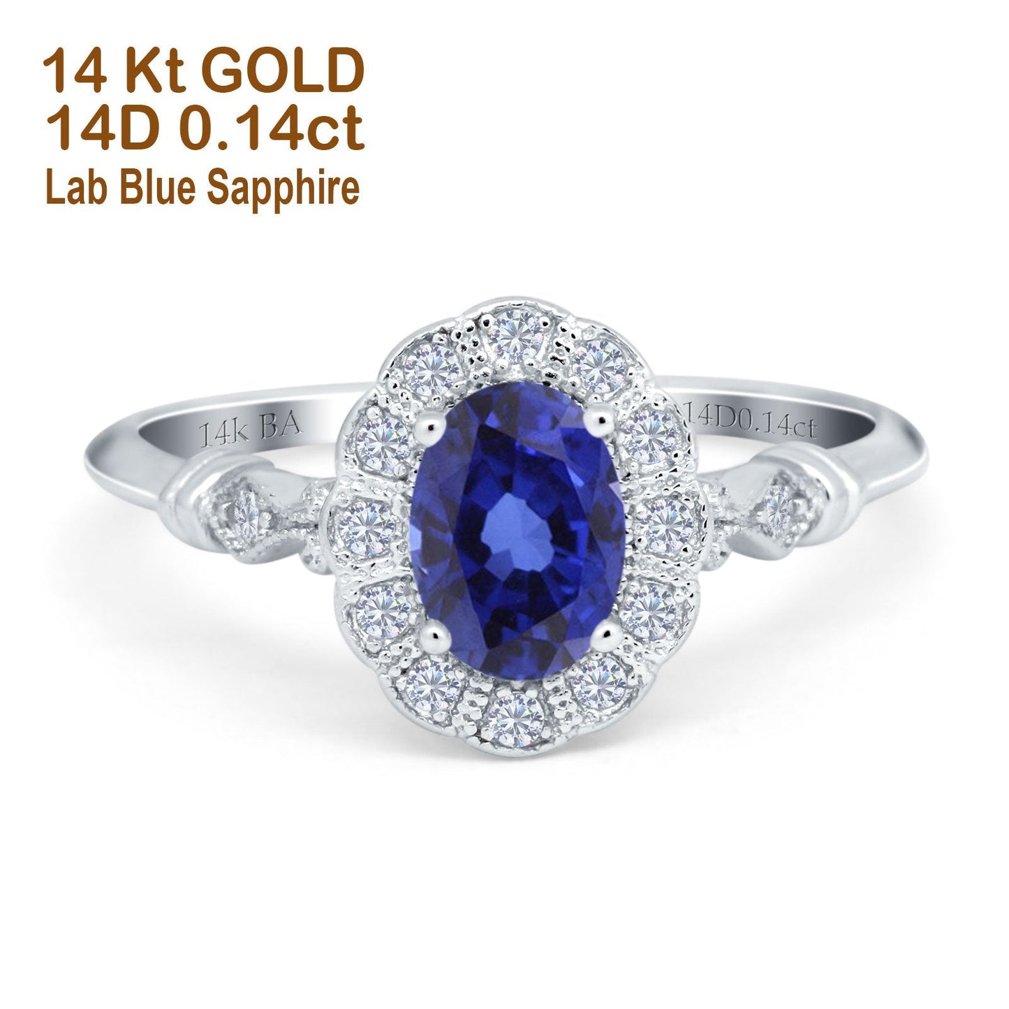 Bague de fiançailles en or blanc 14 carats avec diamant ovale de 0,9 ct 7 mm x 5 mm G SI Nano Blue Saphir Taille 6,5