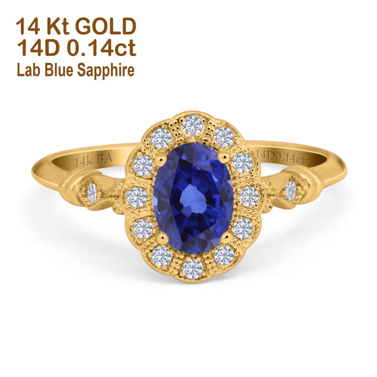 14K Yellow Gold 0.9ct Oval 7mmx5mm G SI Nano Blue Sapphire Diamond Engagement Wedding Ring Size 6.5