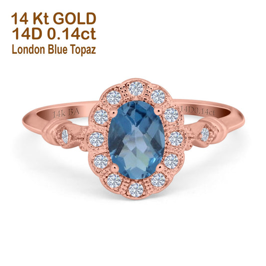 14K Rose Gold 0.9ct Oval 7mmx5mm G SI London Blue Topaz Diamond Engagement Wedding Ring Size 6.5