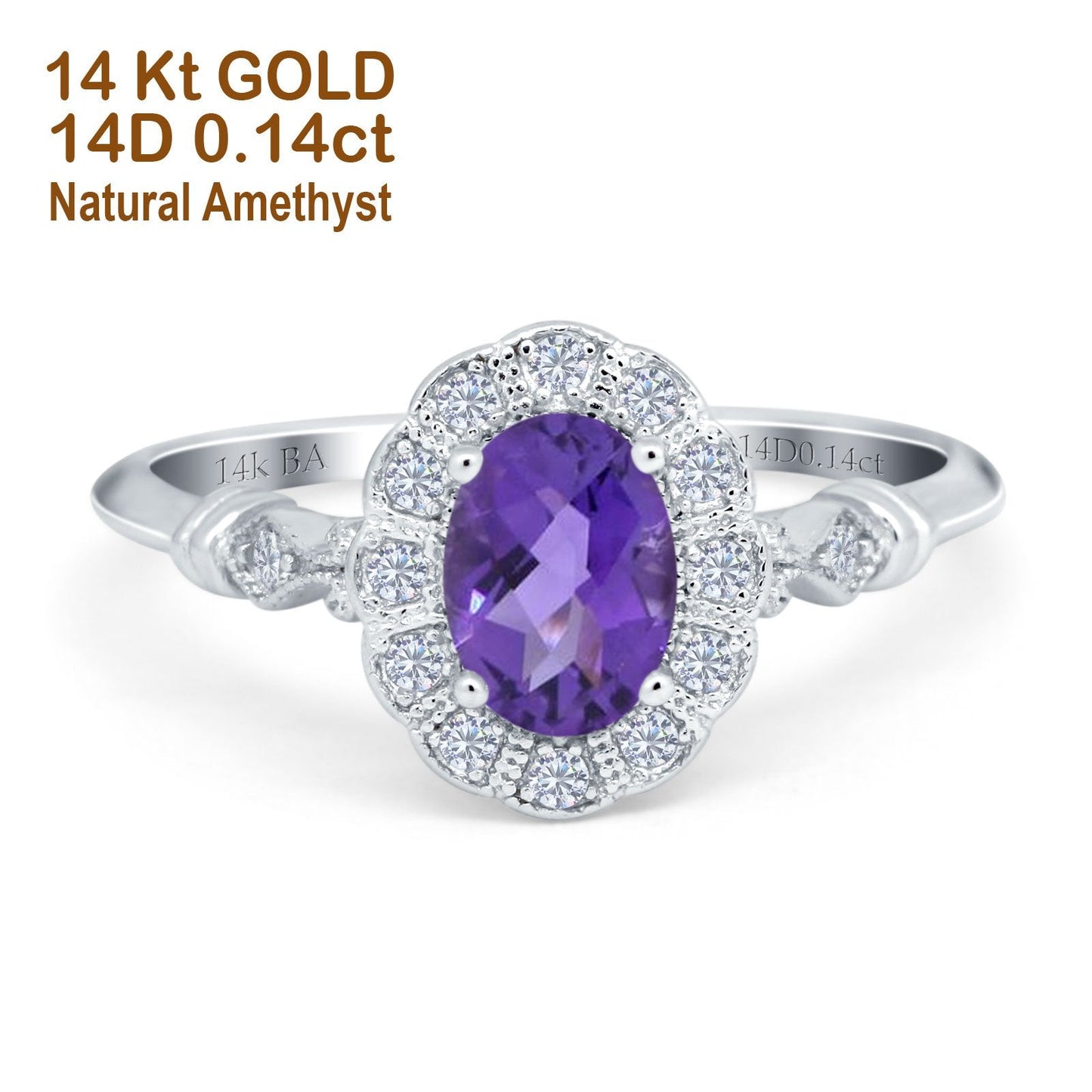 14K White Gold 0.9ct Oval 7mmx5mm G SI Natural Amethyst Diamond Engagement Wedding Ring Size 6.5