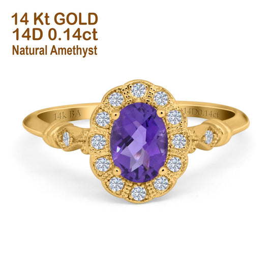 14K Yellow Gold 0.9ct Oval 7mmx5mm G SI Natural Amethyst Diamond Engagement Wedding Ring Size 6.5