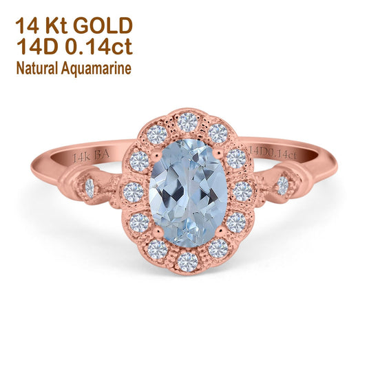 14K Rose Gold 0.9ct Oval 7mmx5mm G SI Natural Aquamarine Diamond Engagement Wedding Ring Size 6.5