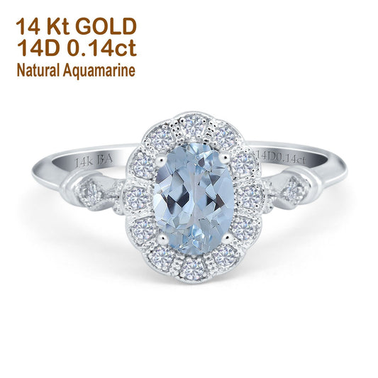 14K White Gold 0.9ct Oval 7mmx5mm G SI Natural Aquamarine Diamond Engagement Wedding Ring Size 6.5