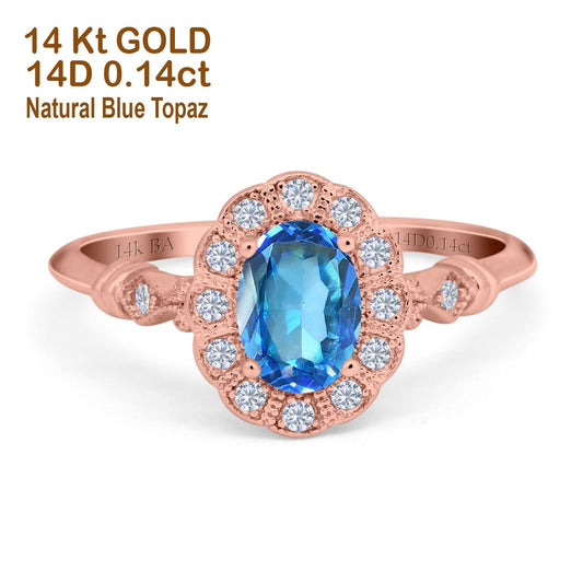 14K Rose Gold 0.9ct Oval 7mmx5mm G SI Natural Blue Topaz Diamond Engagement Wedding Ring Size 6.5