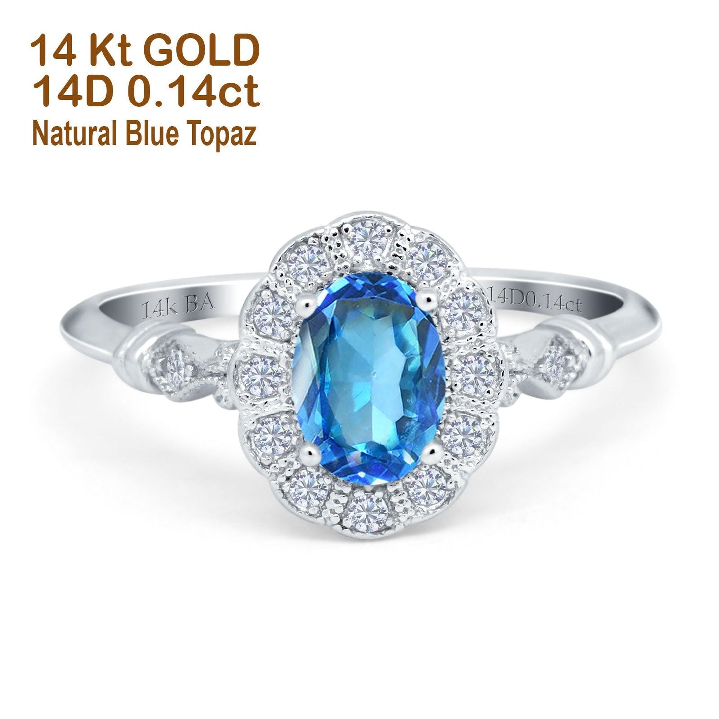 Bague de fiançailles en or blanc 14 carats avec topaze bleue naturelle ovale de 0,9 ct, 7 mm x 5 mm, taille G SI, taille 6,5