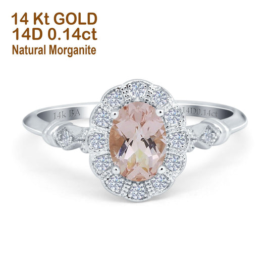 14K White Gold 0.9ct Oval 7mmx5mm G SI Natural Morganite Diamond Engagement Wedding Ring Size 6.5