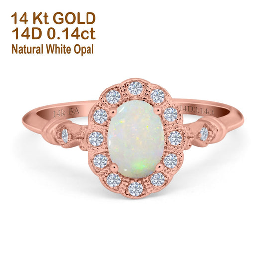 14K  Rose Gold 0.14ct Oval 7mmx5mm G SI Natural White Opal Diamond Engagement Wedding Ring Size 6.5