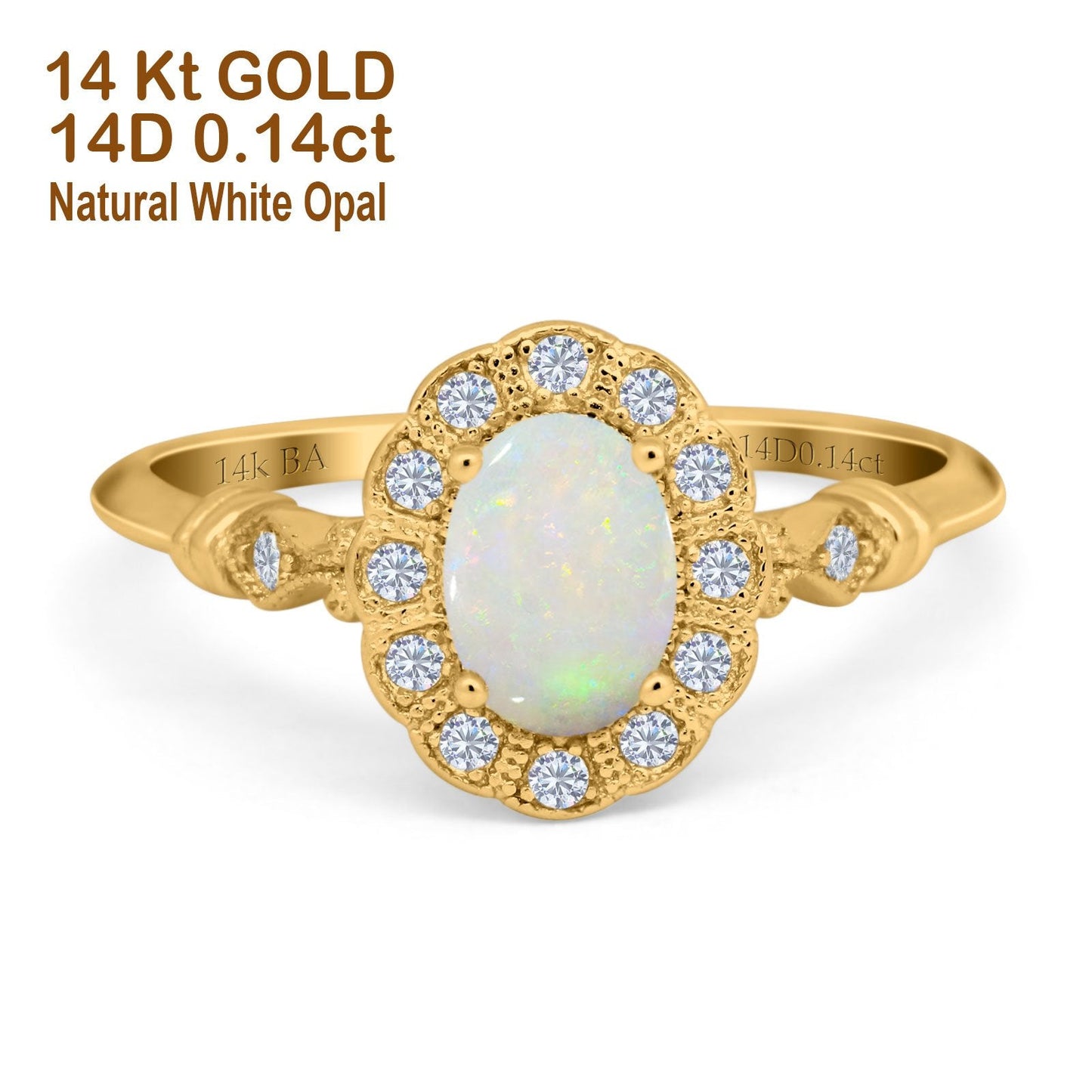 14K Yellow Gold 0.14ct Oval 7mmx5mm G SI Natural White Opal Diamond Engagement Wedding Ring Size 6.5