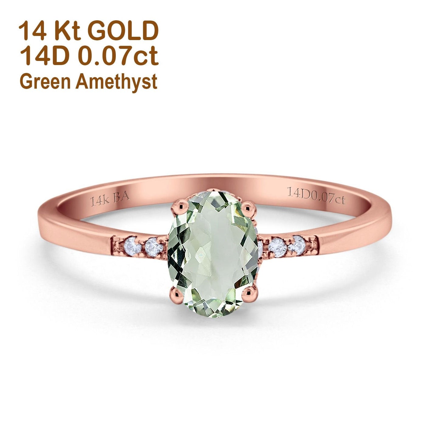 Bague de fiançailles en or rose 14 carats 1,28 ct ovale 8 mm x 6 mm G SI avec améthyste verte naturelle et diamant, taille 6,5