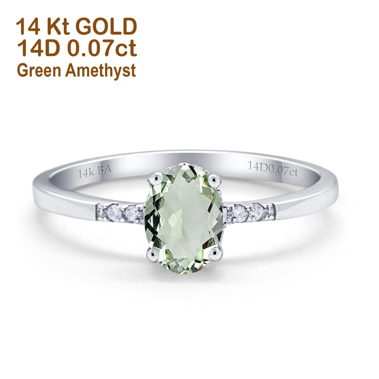 14K White Gold 1.28ct Oval 8mmx6mm G SI Natural Green Amethyst Diamond Engagement Wedding Ring Size 6.5