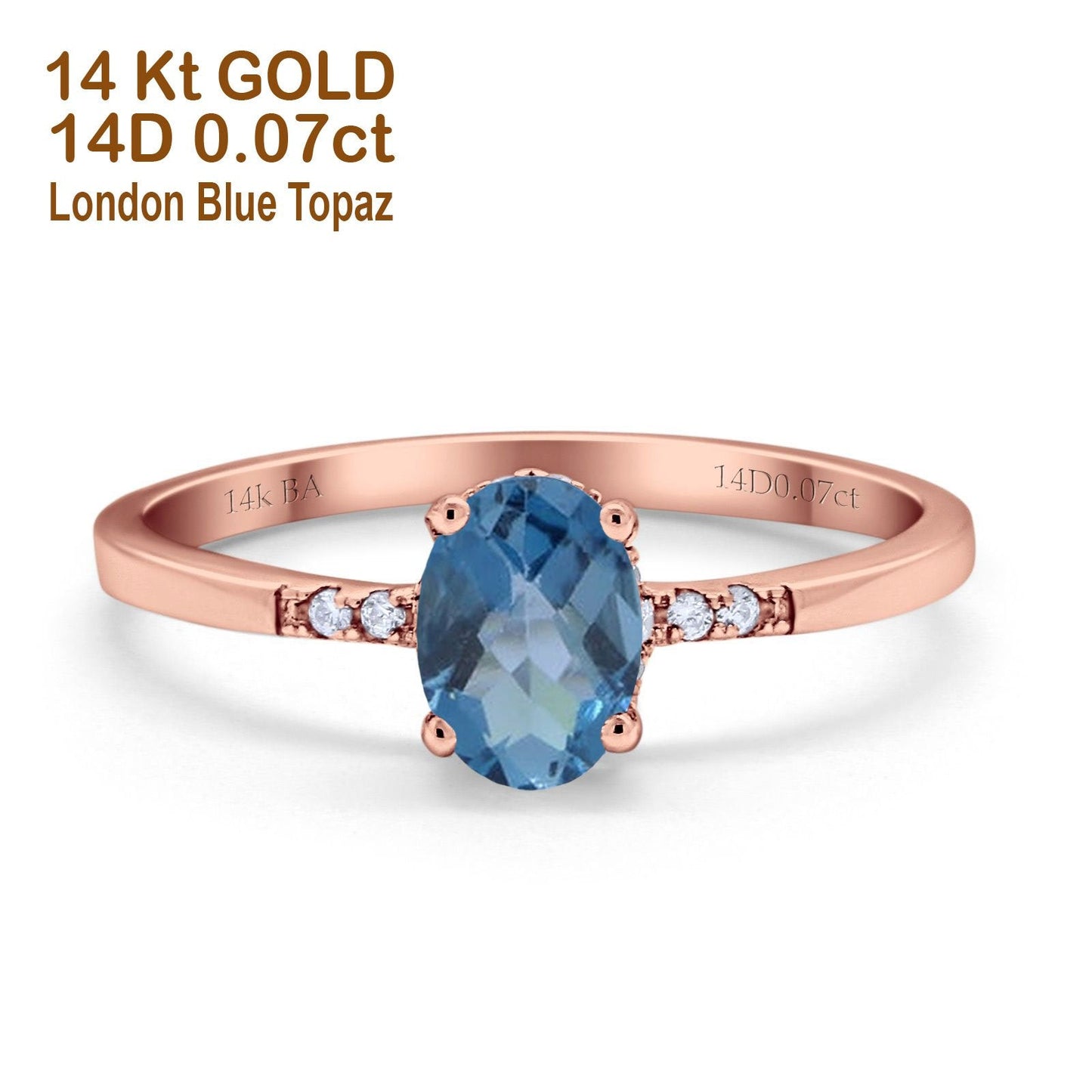 Bague de fiançailles en or rose 14 carats avec topaze bleue de Londres ovale de 8 mm x 6 mm G SI 1,28 ct, taille 6,5