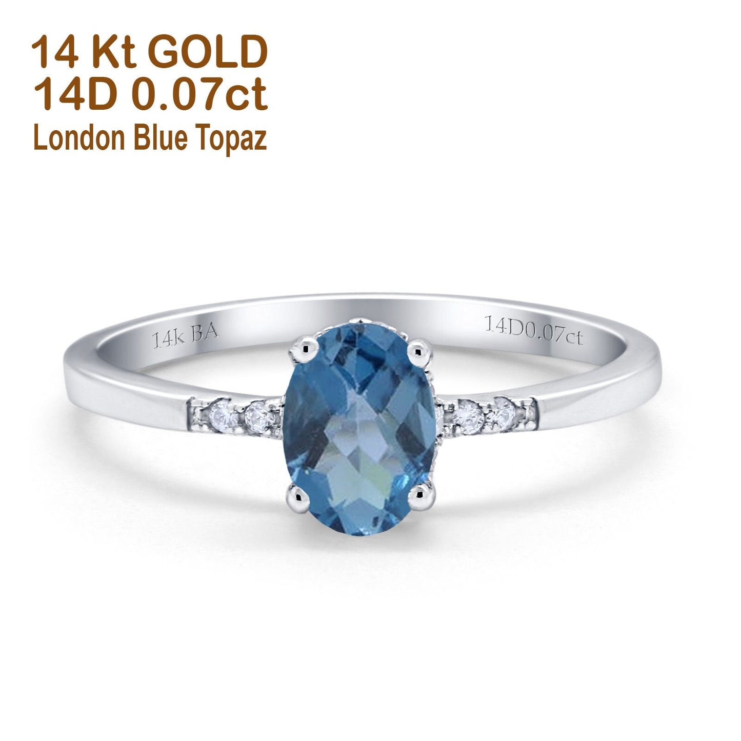 14K White Gold 1.28ct Oval 8mmx6mm G SI London Blue Topaz Diamond Engagement Wedding Ring Size 6.5