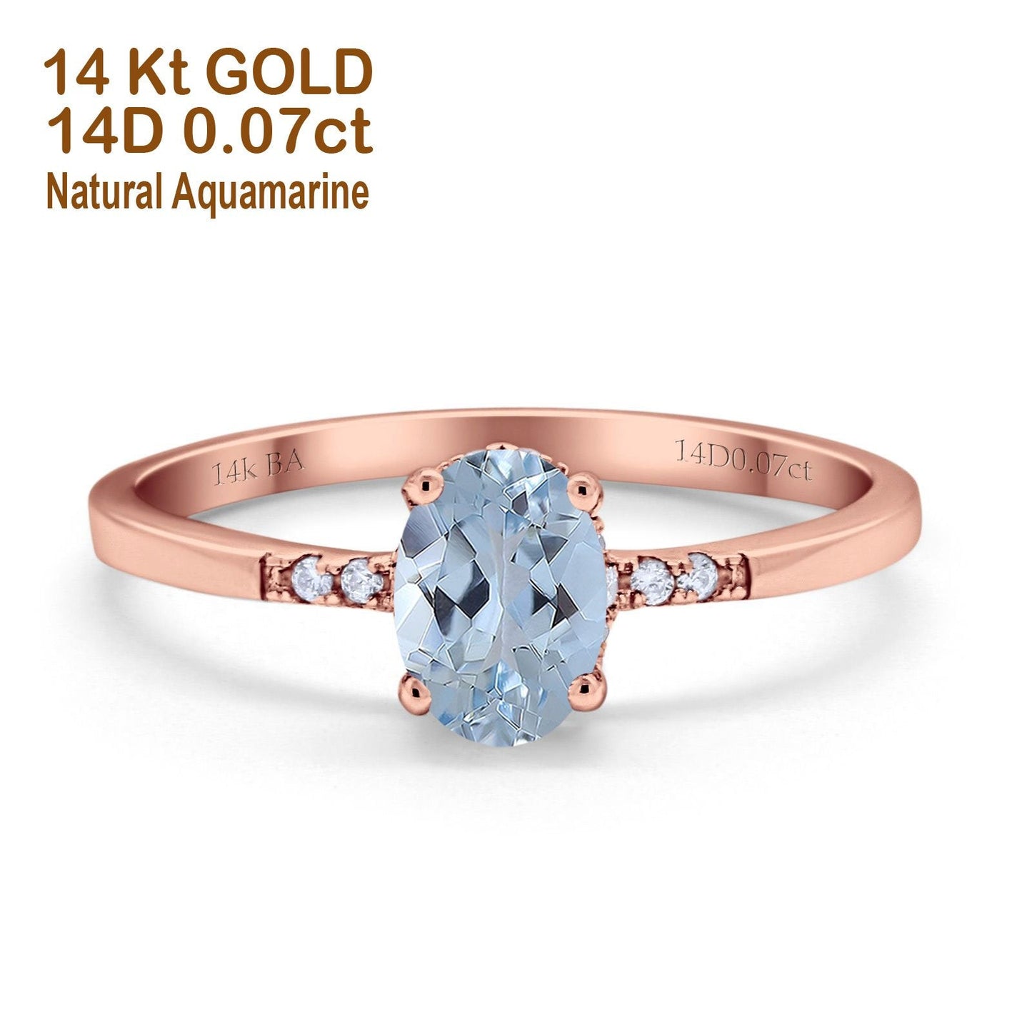 14K Rose Gold 1.28ct Oval 8mmx6mm G SI Natural Aquamarine Diamond Engagement Wedding Ring Size 6.5