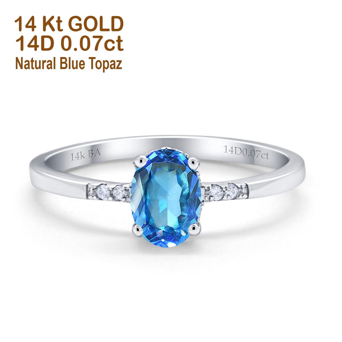 Bague de fiançailles en or blanc 14 carats 1,28 ct ovale 8 mm x 6 mm G SI avec topaze bleue naturelle et diamant taille 6,5