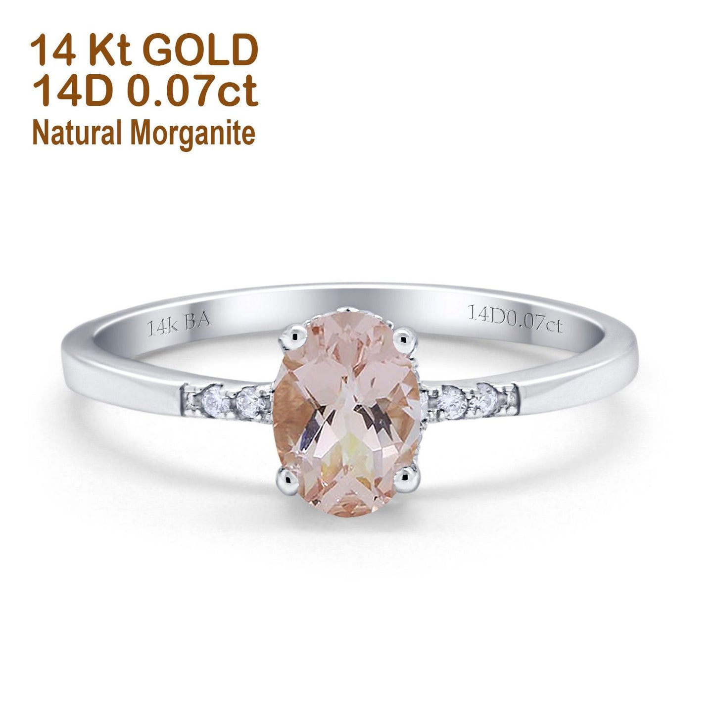 14K White Gold 1.28ct Oval 8mmx6mm G SI Natural Morganite Diamond Engagement Wedding Ring Size 6.5