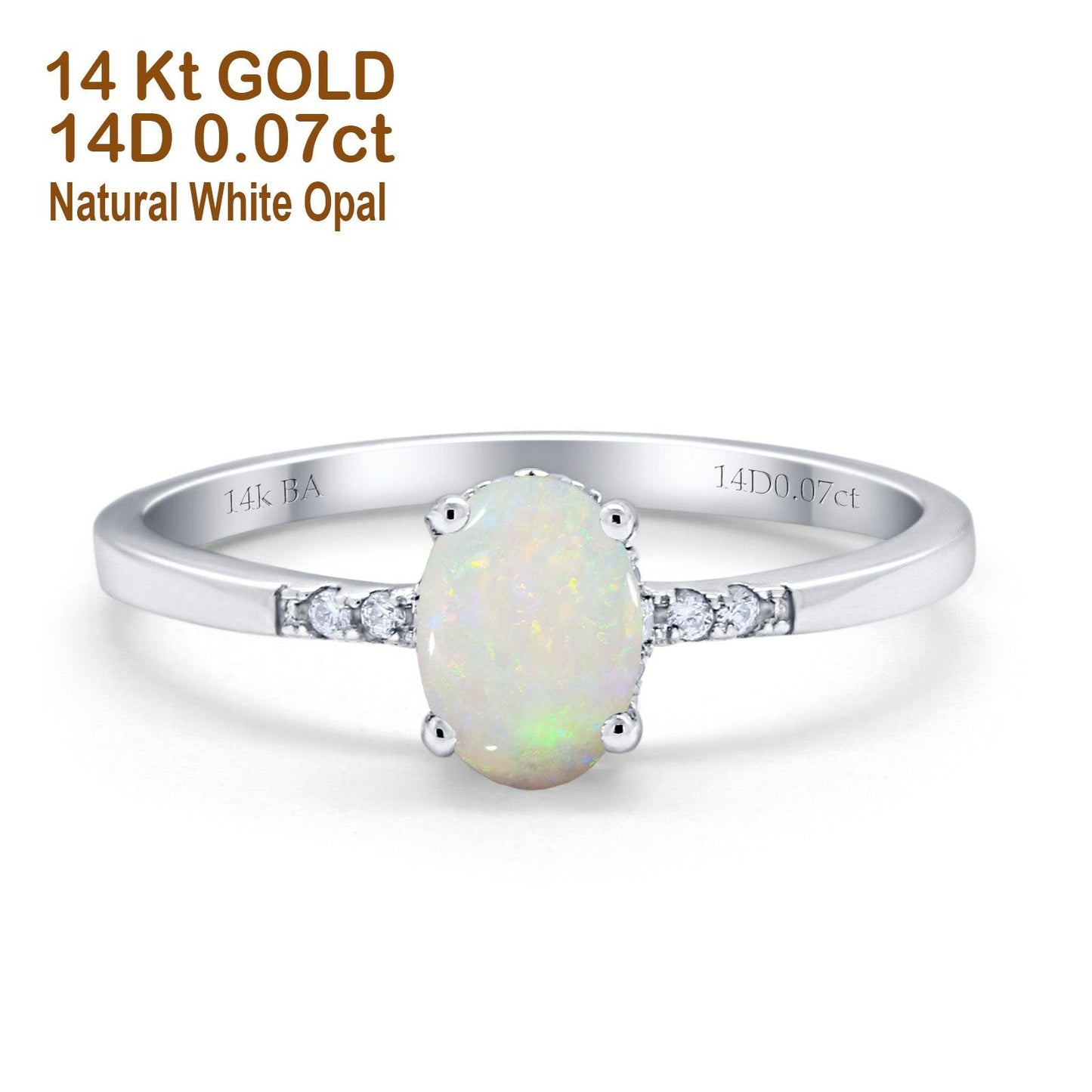 14K White Gold 0.07ct Oval 8mmx6mm G SI Natural White Opal Diamond Engagement Wedding Ring Size 6.5