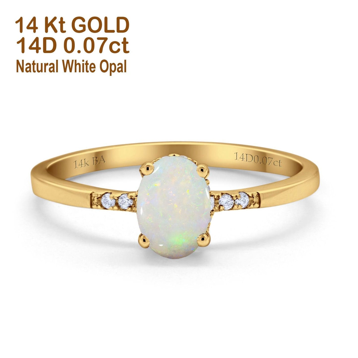 14K Yellow Gold 0.07ct Oval 8mmx6mm G SI Natural White Opal Diamond Engagement Wedding Ring Size 6.5