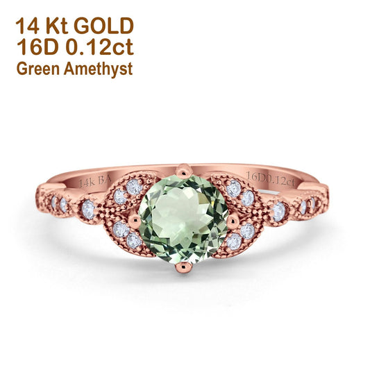 14K Rose Gold 0.96ct Round Art Deco 6mm G SI Natural Green Amethyst Diamond Engagement Wedding Ring Size 6.5