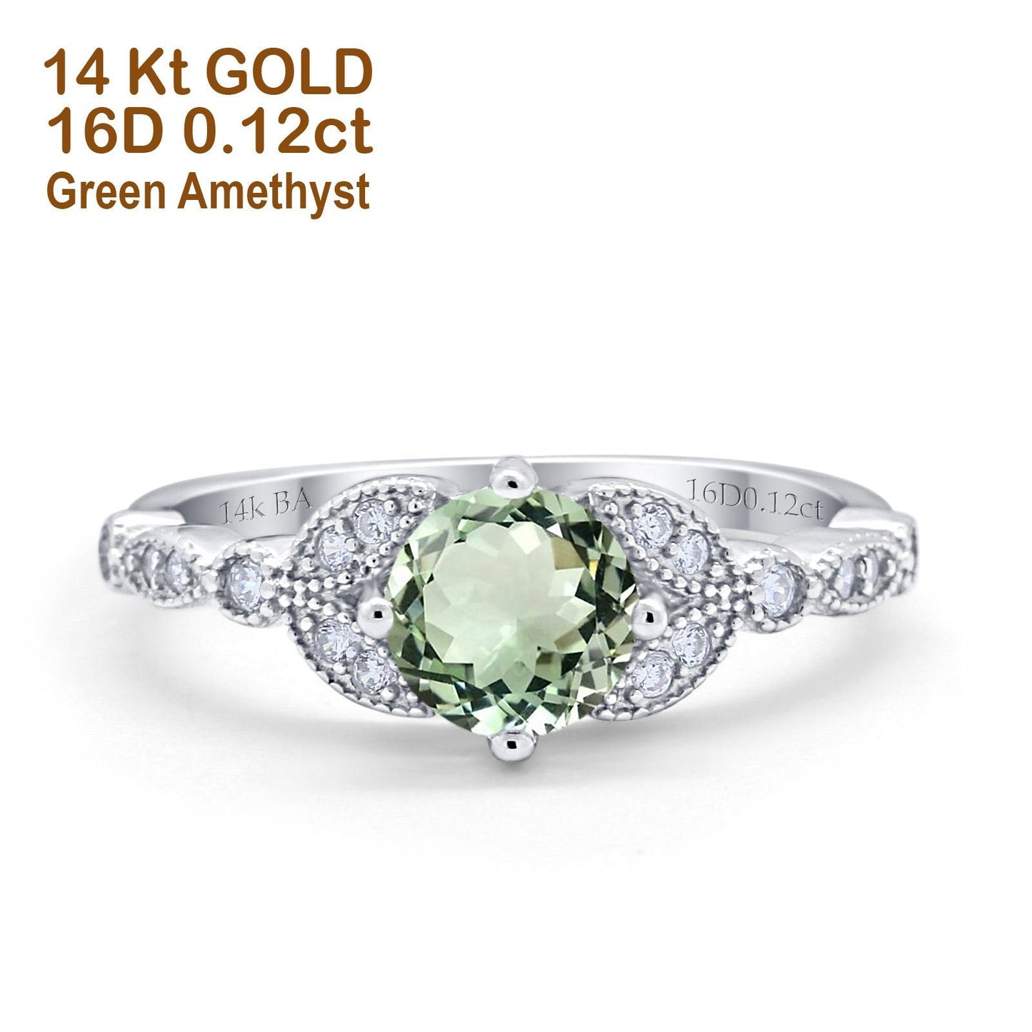 Bague de fiançailles en or blanc 14 carats 0,96 ct Art déco ronde 6 mm G SI avec améthyste verte naturelle et diamant taille 6,5