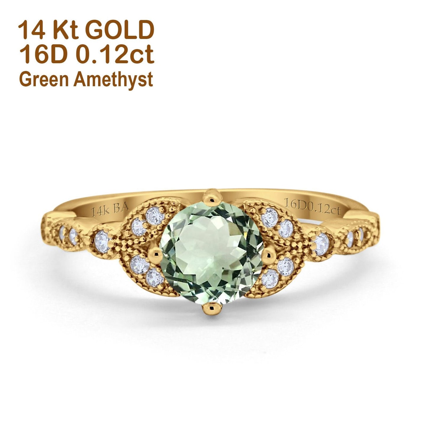 14K Yellow Gold 0.96ct Round Art Deco 6mm G SI Natural Green Amethyst Diamond Engagement Wedding Ring Size 6.5