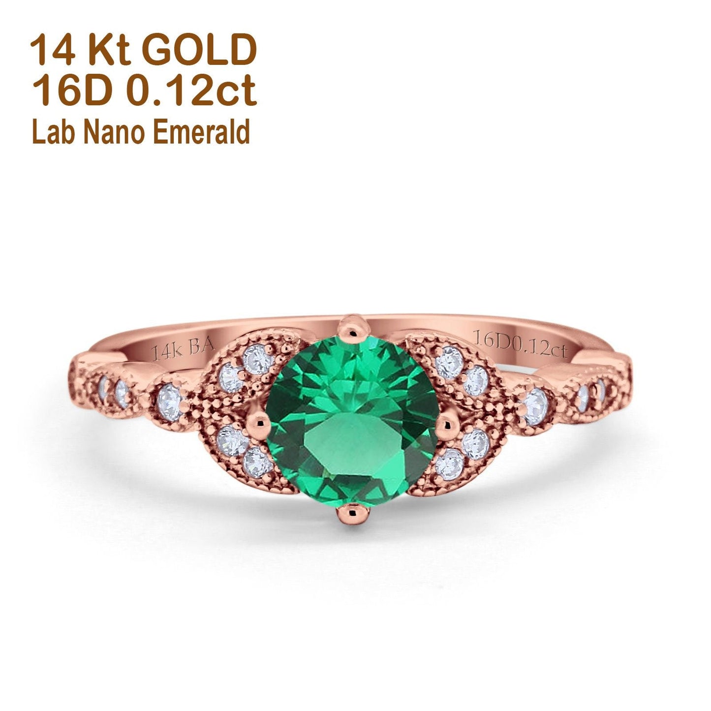 14K Rose Gold 0.96ct Round Art Deco 6mm G SI Nano Emerald Diamond Engagement Wedding Ring Size 6.5