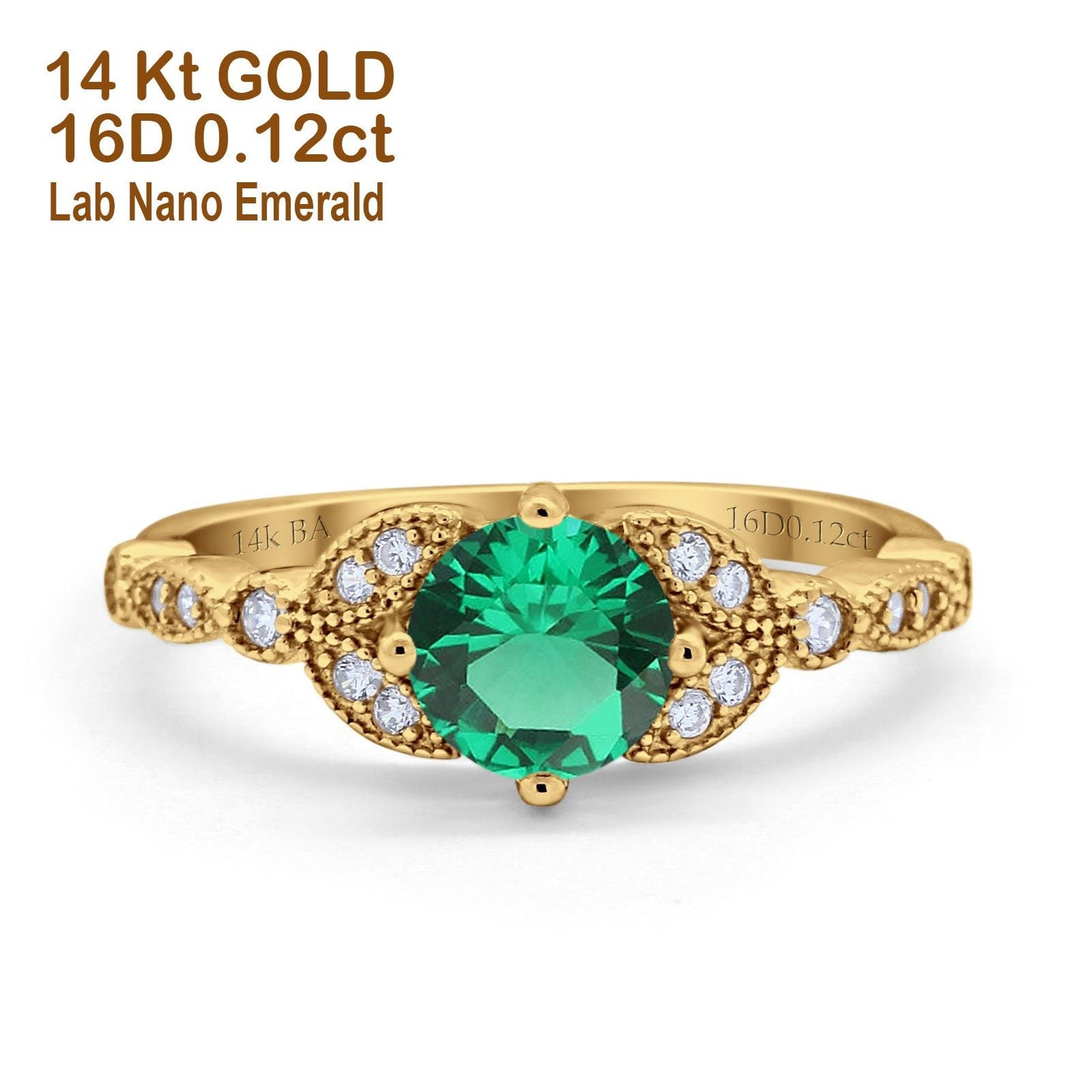 14K Yellow Gold 0.96ct Round Art Deco 6mm G SI Nano Emerald Diamond Engagement Wedding Ring Size 6.5