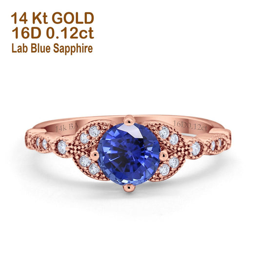 14K Rose Gold 0.96ct Round Art Deco 6mm G SI Nano Blue Sapphire Diamond Engagement Wedding Ring Size 6.5