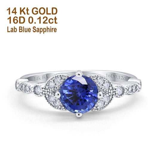 14K White Gold 0.96ct Round Art Deco 6mm G SI Nano Blue Sapphire Diamond Engagement Wedding Ring Size 6.5