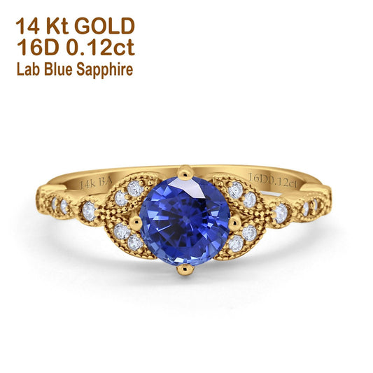 14K Yellow Gold 0.96ct Round Art Deco 6mm G SI Nano Blue Sapphire Diamond Engagement Wedding Ring Size 6.5