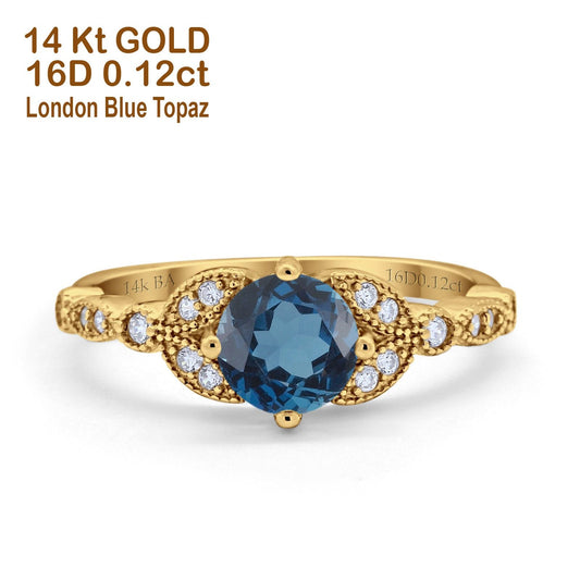 14K Yellow Gold 0.96ct Round Art Deco 6mm G SI London Blue Topaz Diamond Engagement Wedding Ring Size 6.5