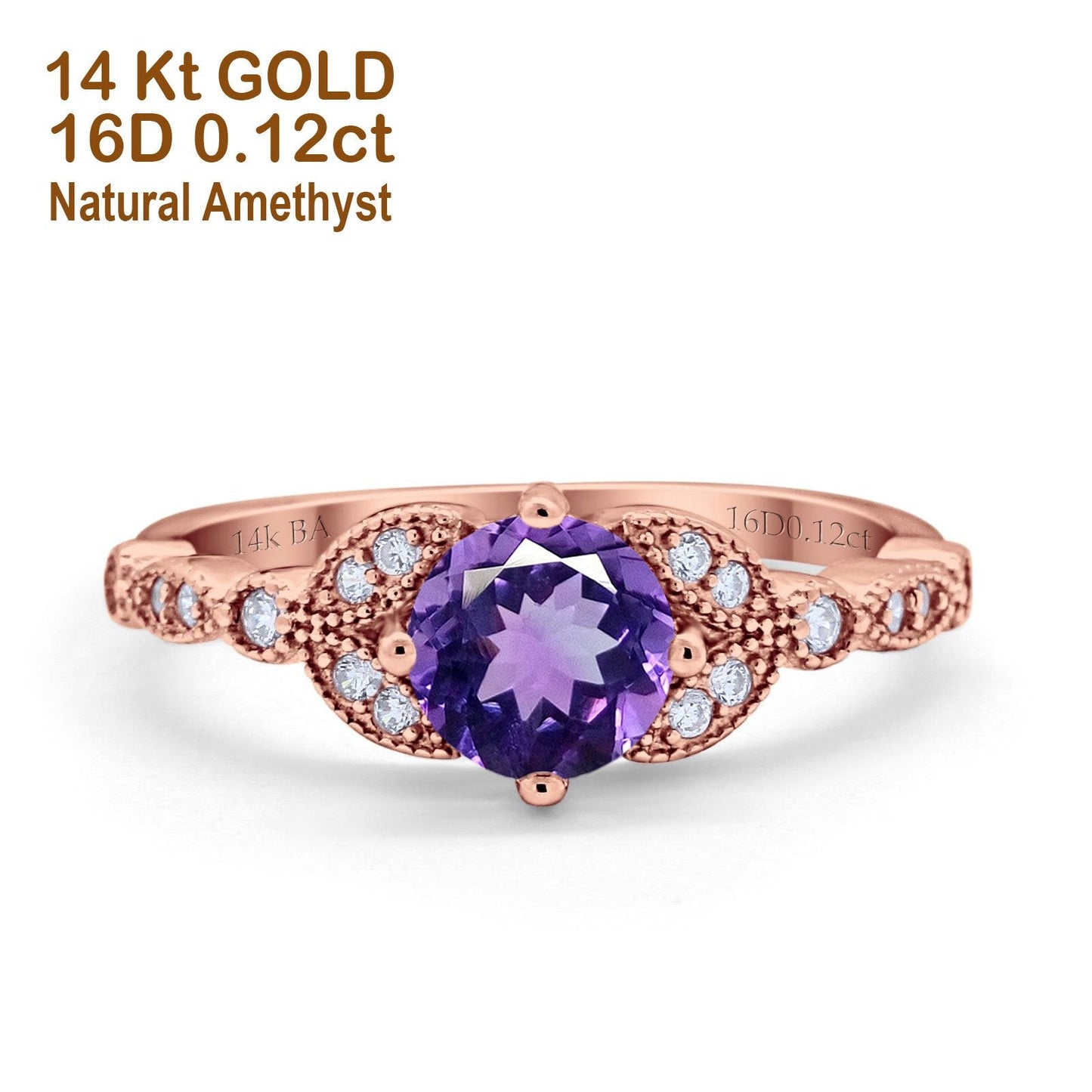 14K Rose Gold 0.96ct Round Art Deco 6mm G SI Natural Amethyst Diamond Engagement Wedding Ring Size 6.5