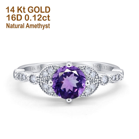 14K White Gold 0.96ct Round Art Deco 6mm G SI Natural Amethyst Diamond Engagement Wedding Ring Size 6.5