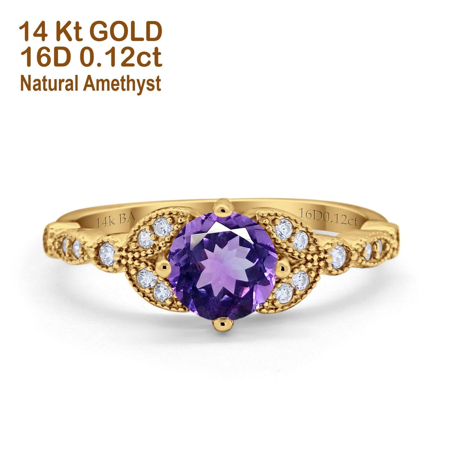 14K Yellow Gold 0.96ct Round Art Deco 6mm G SI Natural Amethyst Diamond Engagement Wedding Ring Size 6.5