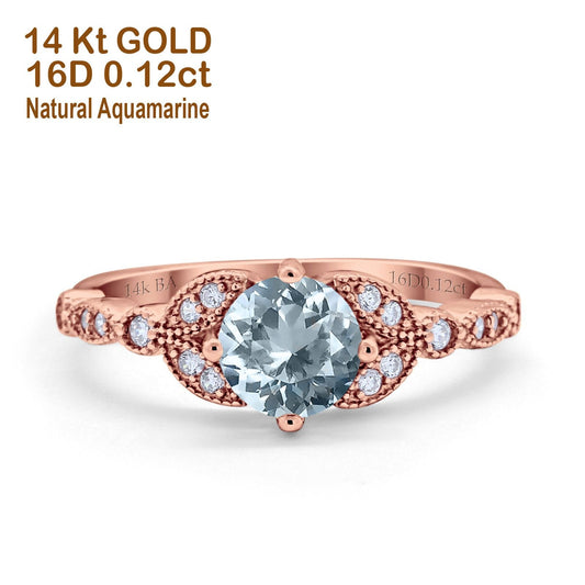 14K Rose Gold 0.96ct Round Art Deco 6mm G SI Natural Aquamarine Diamond Engagement Wedding Ring Size 6.5