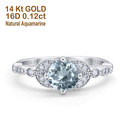 14K White Gold 0.96ct Round Art Deco 6mm G SI Natural Aquamarine Diamond Engagement Wedding Ring Size 6.5