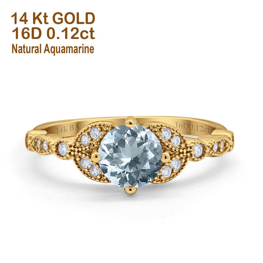 14K Yellow Gold 0.96ct Round Art Deco 6mm G SI Natural Aquamarine Diamond Engagement Wedding Ring Size 6.5